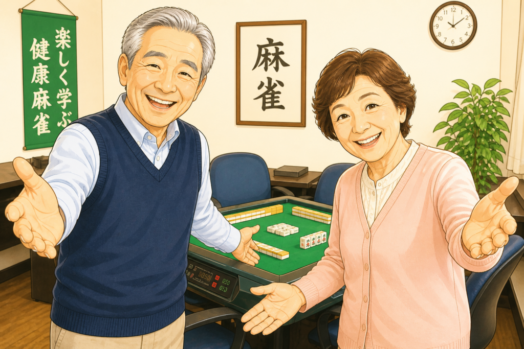 高齢者向け健康麻雀教室大会のイラスト 笑顔で迎える男女と麻雀卓のある室内風景